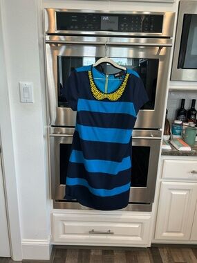 Miss Sixty  Blue Striped Dress with Yellow Beaded Collar size 8 GUC preppy